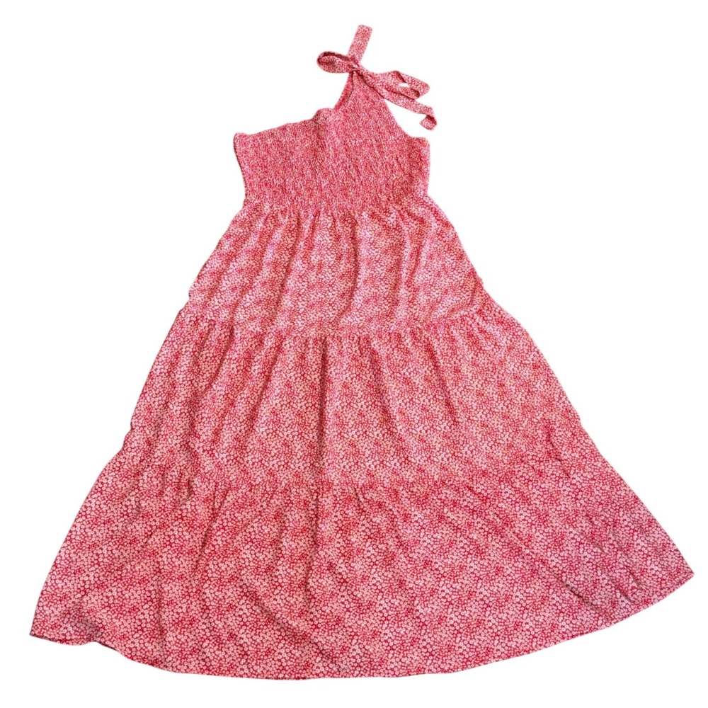 Floral Maxi Dress Women XXL Red One Shoulder Smocked Tiered Cottagecore Romantic